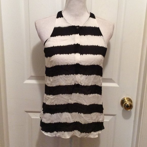A.L.C. Top XS White Black Graphic Stripe Half Button Semi-Sheer Sleeveless - Picture 1 of 9
